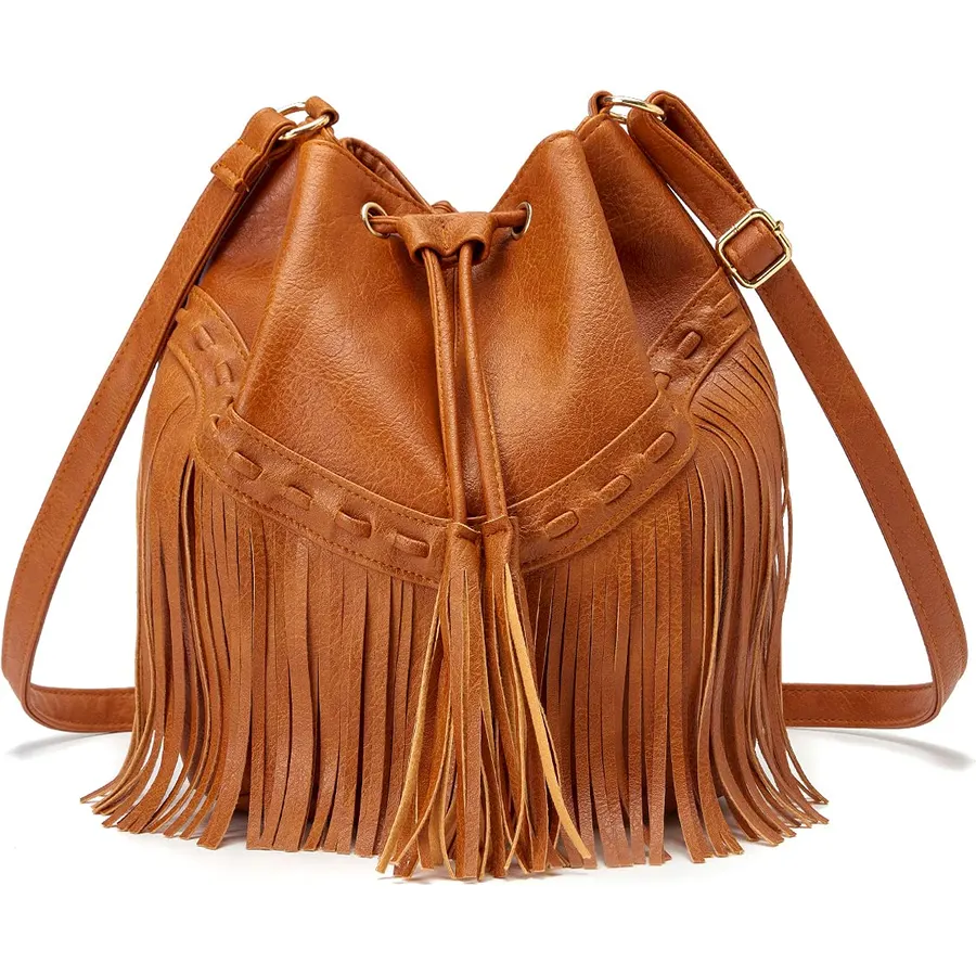 Gladdon Boho Fringe Bucket Bag Crossbody Shoulder Purse for Women