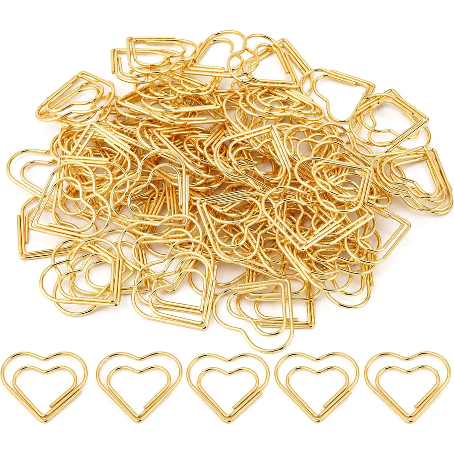 Gold Heart Paper Clips, 100 Pcs Metal Love Shape Paperclips for Documents, Notes, Bookmarks, Wedding and Office Supplies