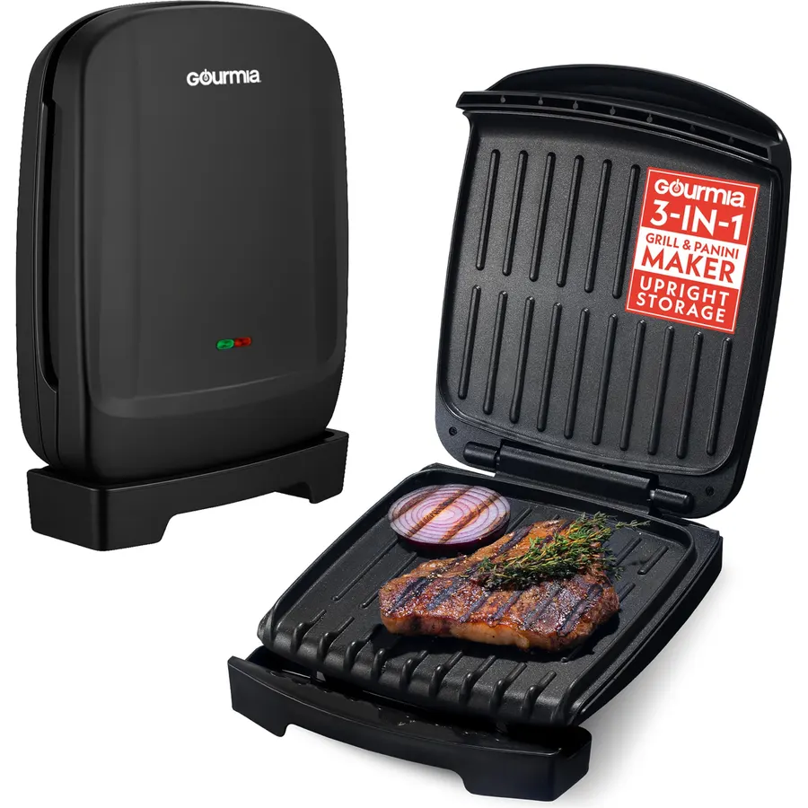 Gourmia Indoor Grill & Panini Maker – 4 Serving Contact or Open Grill, Nonstick Ceramic, Preheat Indicator Light, Slope Design with Removable Dishwasher Safe Drip Tray