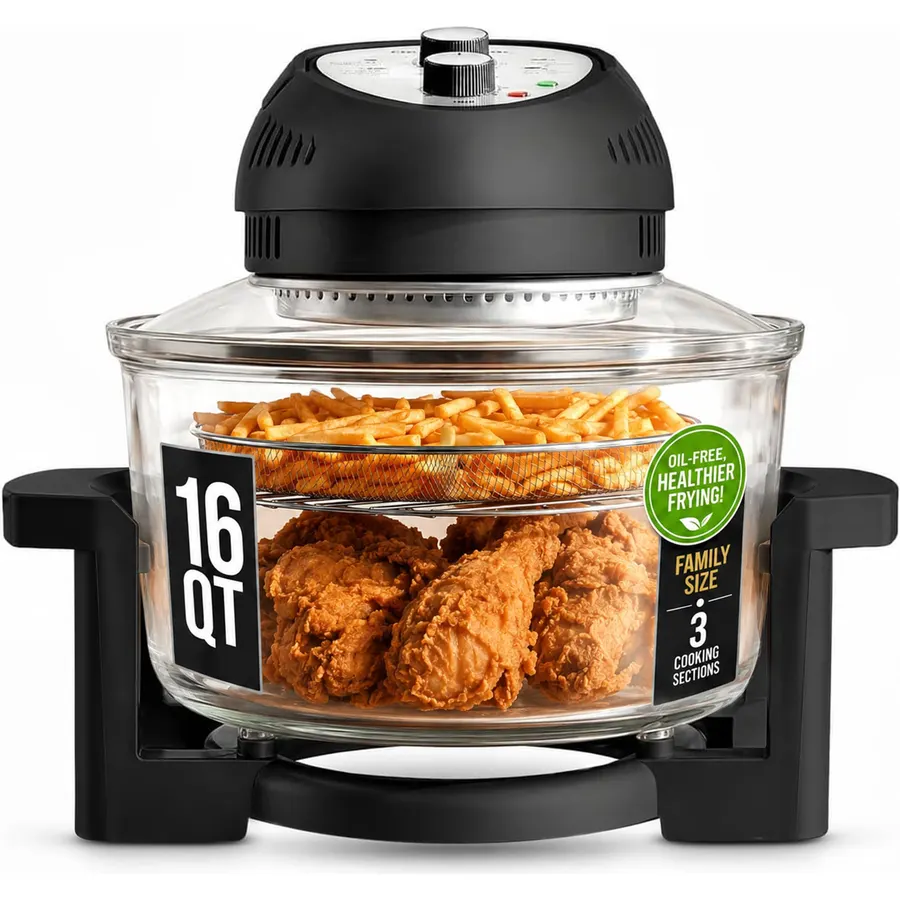 Granitestone 16 Qt Large Glass Air Fryer Non Toxic, Black