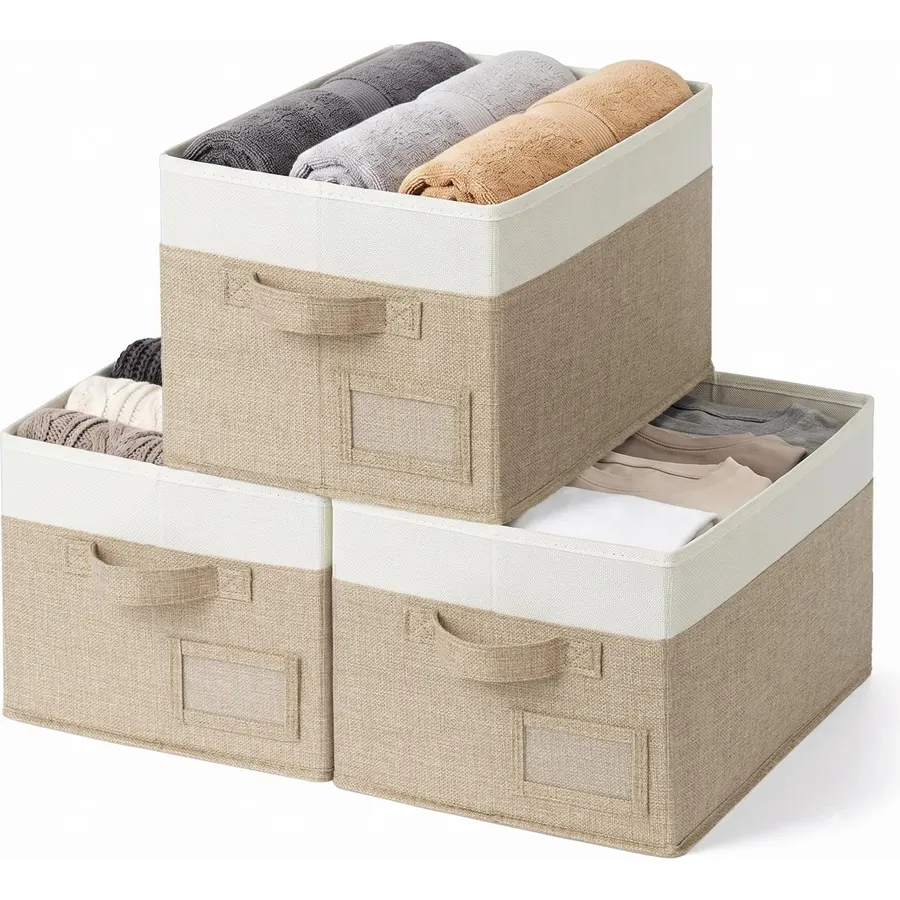 GRANNY SAYS Closet Shelf Baskets with Label, Khaki&Ivory, Large, 3-Pack