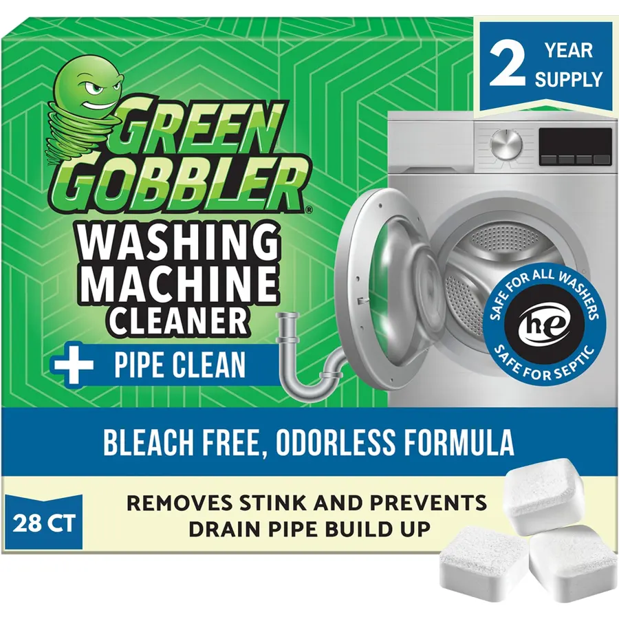Green Gobbler Premium Washing Machine Cleaner & Deodorizer Tablets with Pipe, Drain & Hose Clean Technology | Front & Top Load Washers | 28 Count