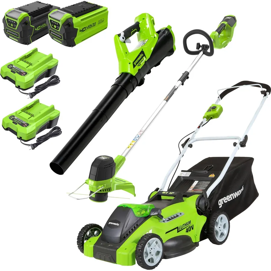Greenworks 40V 16" (Push) Cordless Lawn Mower (1/3 Acre) + 12" String Trimmer + Leaf Blower, 4.0Ah + 2.0Ah Batteries and (2) Chargers Included