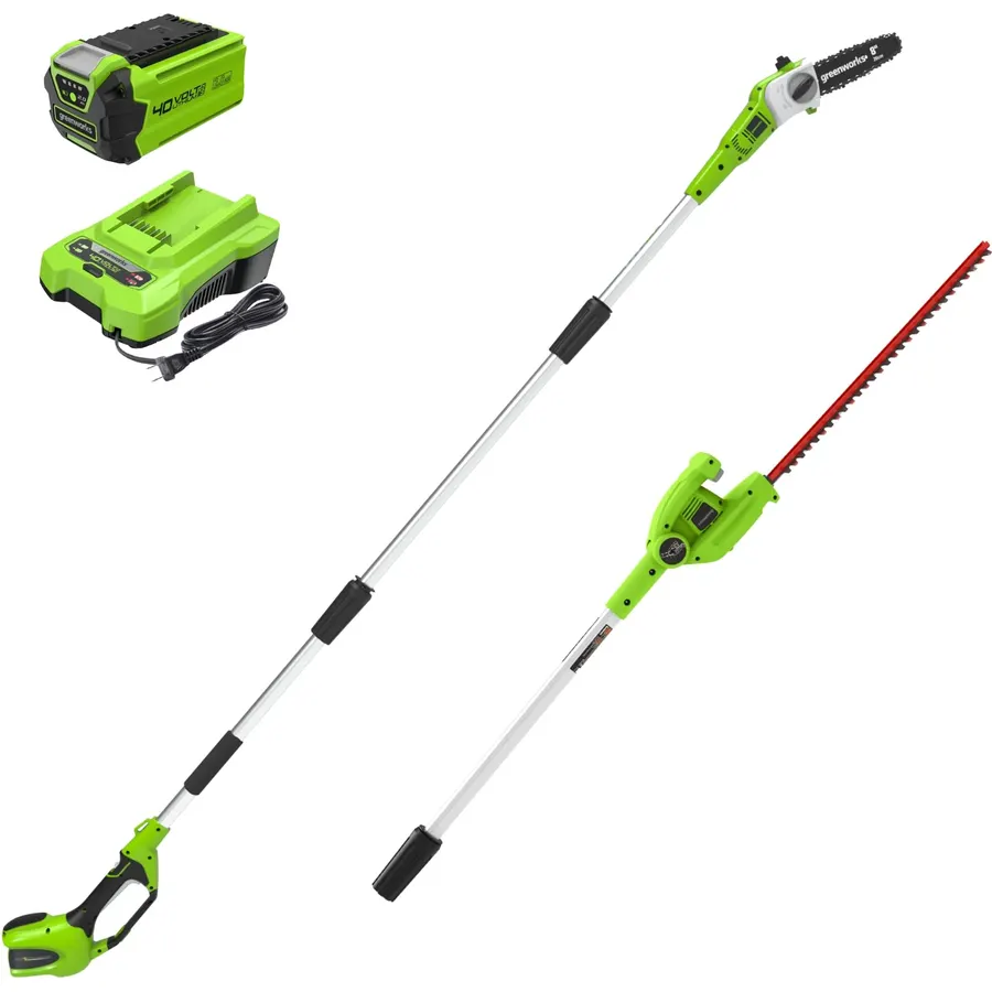 Greenworks 40V 8 in Pole Saw Hedge Trimmer Kit, 2.0 Ah Battery and Charger