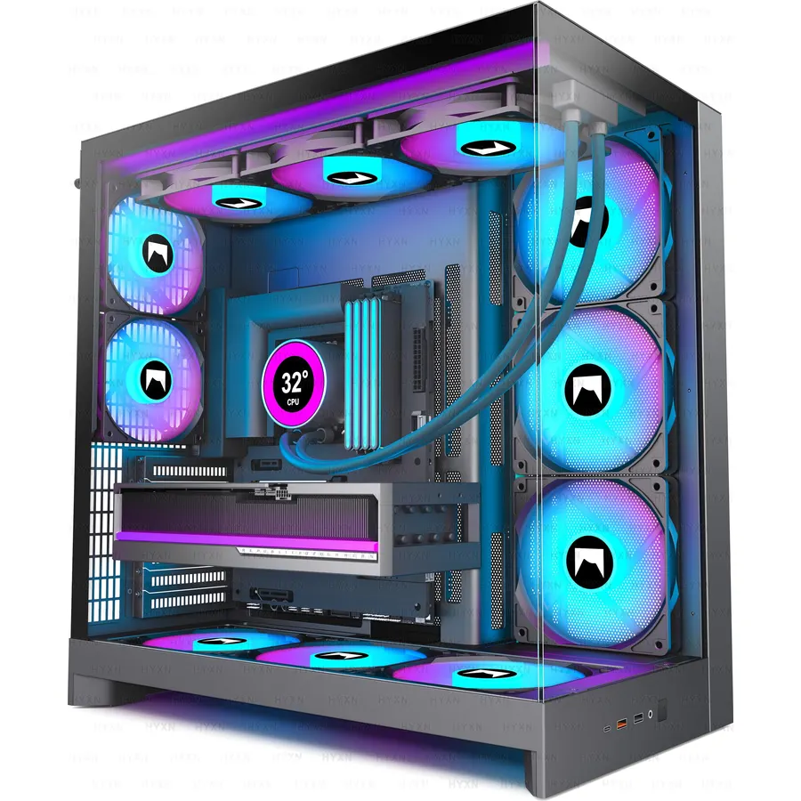 H2 (2026) HYXN ATX PC Case, Pre-installed 8 PWM ARGB Fans (6X140mm,2X120mm), Large Dual-Chamber ATX Mid-Tower Airflow Computer Case, Gaming PC Case, 420mm Radiator Support, Type-C 3.2 (Black RGB)