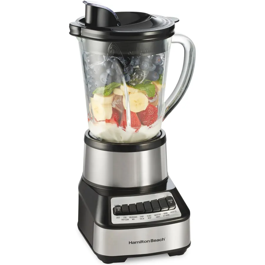 Hamilton Beach Wave Crusher Blender For Smoothies With 40 Oz Glass Jar and 14 Functions, Ice Sabre Blades & 700 Watts for Consistently Smooth Results, Black + Stainless Steel (54221)