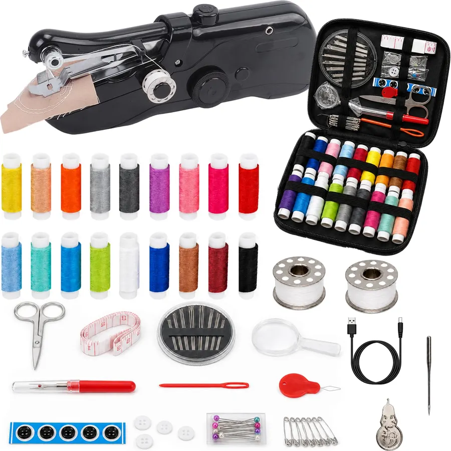 Handheld Sewing Machine for Beginners & Adults, Portable Cordless Mending Tool, Dual Power USB/Battery Operated, Sewing Kit with Complete Accessories for Quick Repairs, DIY Crafts, Home and Travel