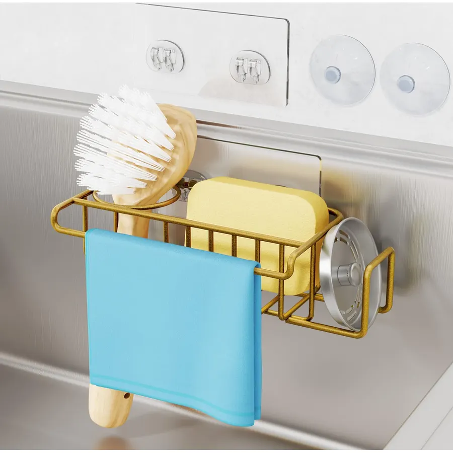 HapiRm Sponge Holder for Kitchen Sink, No Drill Kitchen Sink Caddy Organizer, Rustproof Dish Sponge Holder- Gold(8.73 * 3.54 * 2.36in)
