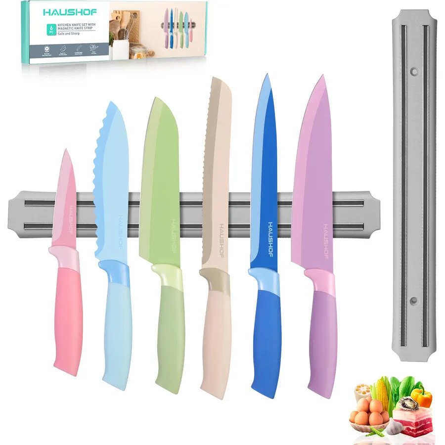 HAUSHOF 6PCS Colorful Kitchen Knife Set with Magnetic Knife Strip for Wall