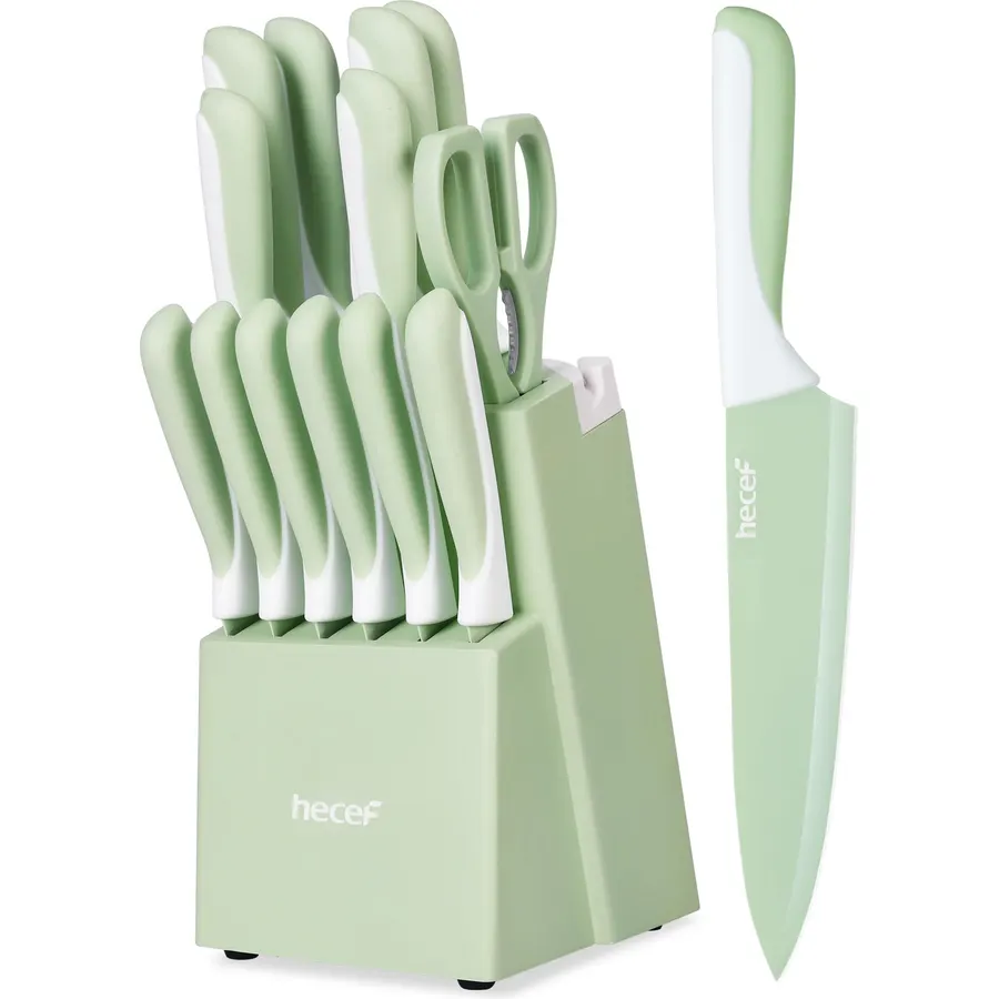hecef 15 Pieces Green Kitchen Knife Set, Built-in Sharpening Wooden Block