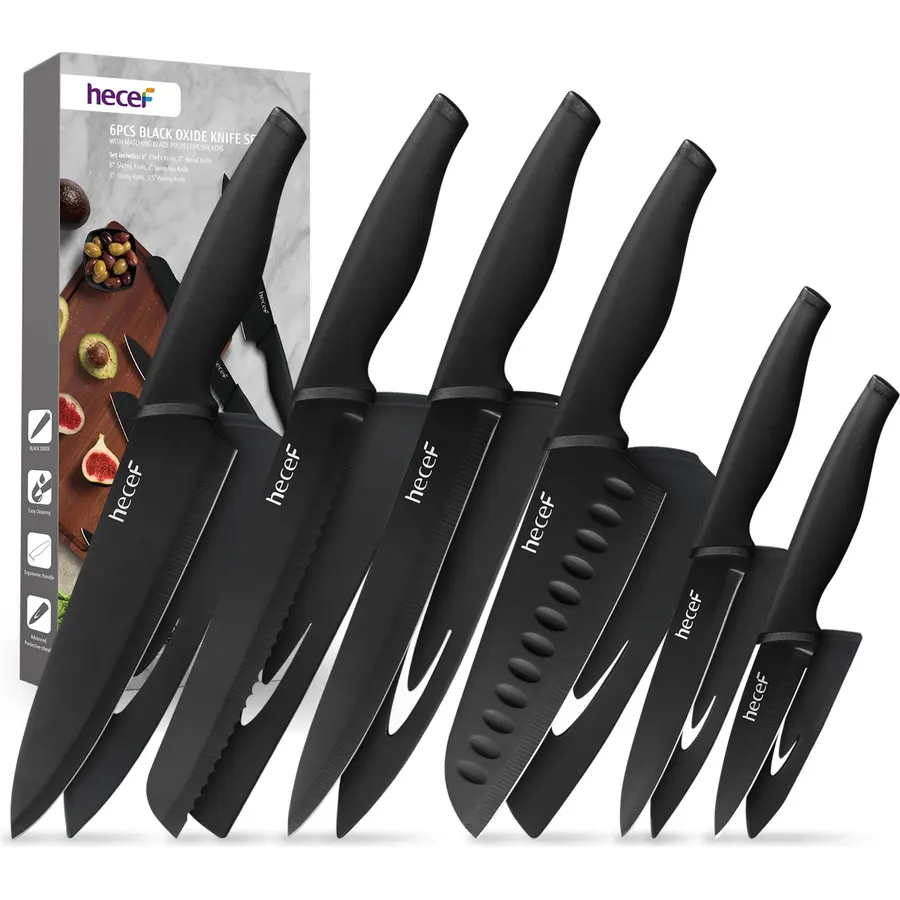 hecef Black Oxide Knife Set of 6 with Matching Protective Sheath, Kitchen Knives Scratch Resistant and Rust Proof, Hard Stainless Steel, Non Stick Black Color Coating Blade