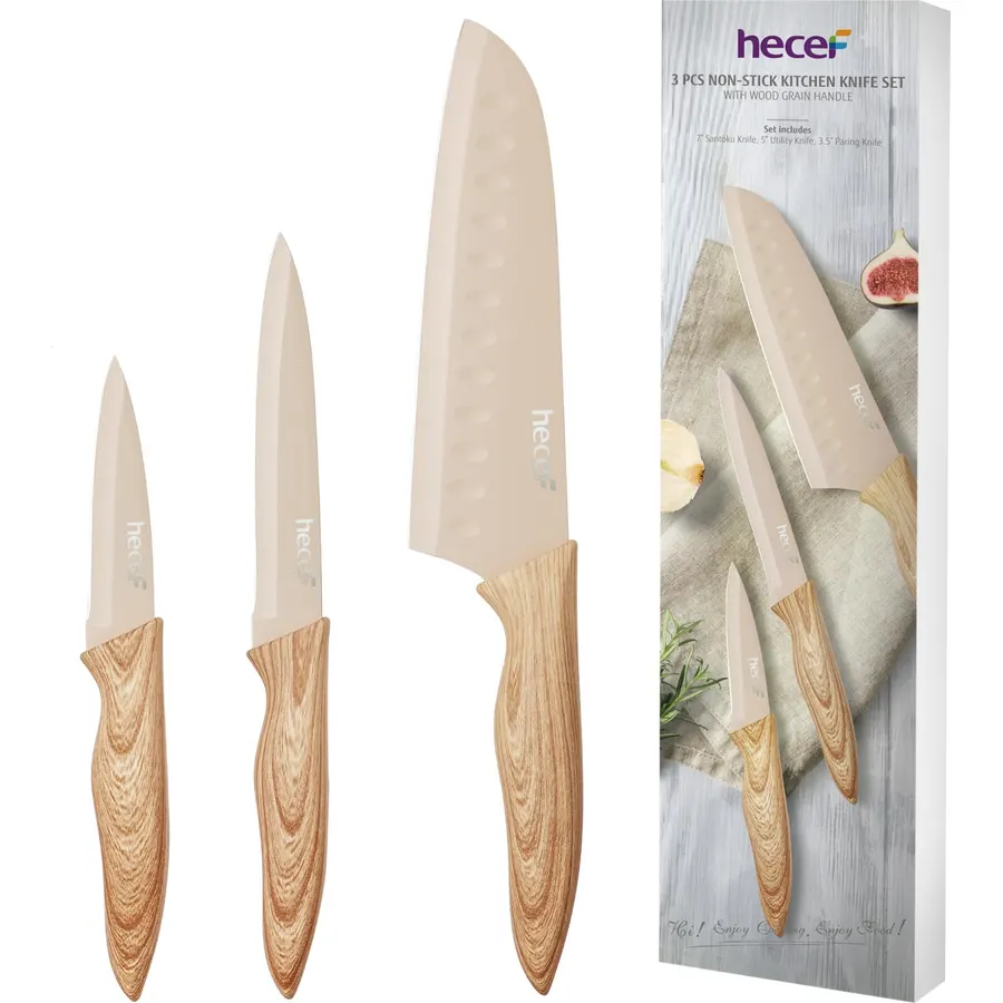 hecef Knife Set of 3, Stainless Steel Blade with Non-stick Coating, Sharp Kitchen Knives Includes Santoku, Utility, Paring Knives