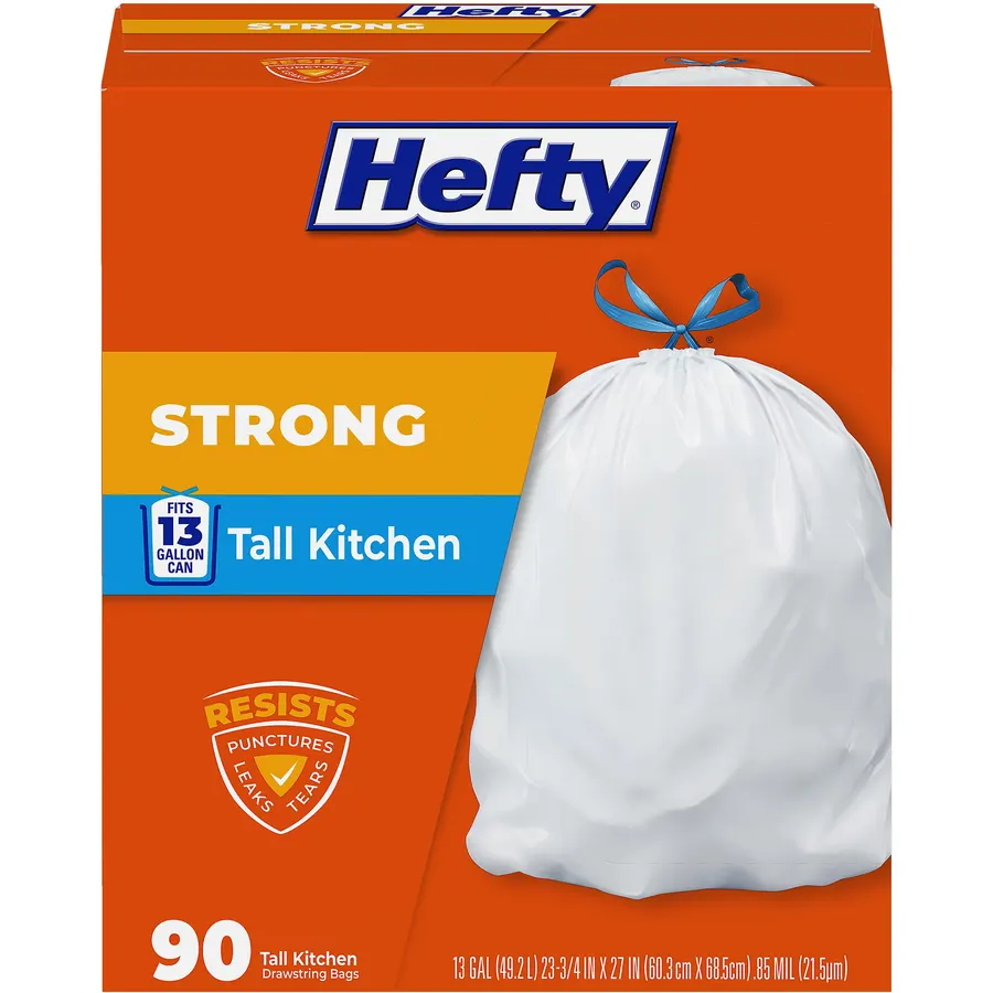 Hefty Strong 13G Tall Kitchen Trash Bags, White, Unscented, 90ct