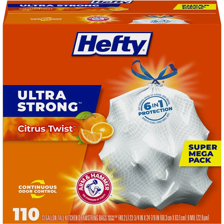 Hefty Ultra Strong 13 Gal Kitchen Trash Bags, White, Fabuloso Lemon, 110ct