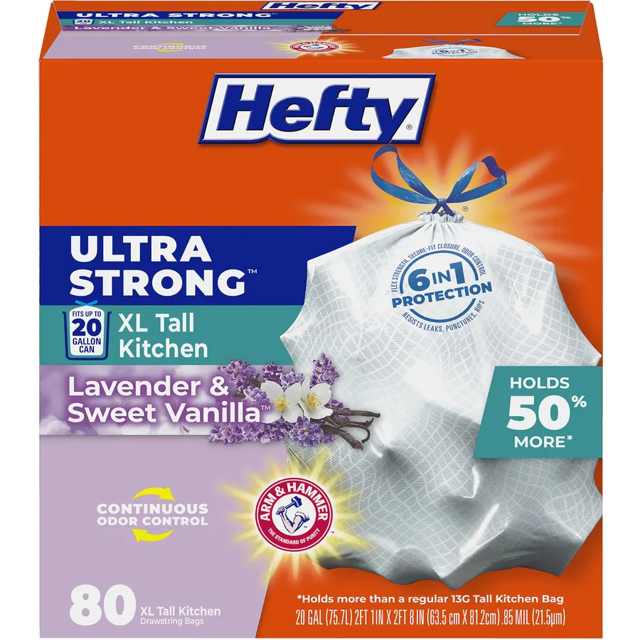 Hefty Ultra Strong 20G XL Tall Kitchen Trash Bags, Lavender Vanilla, 80ct