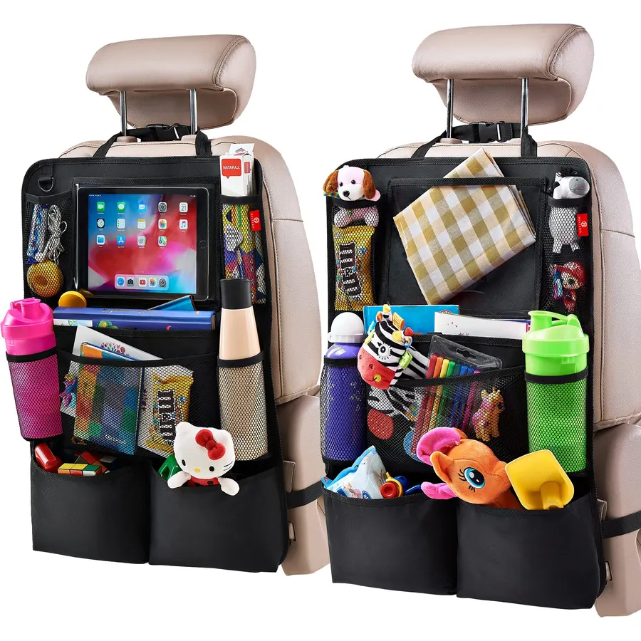 Helteko Backseat Car Organizer, Kick Mats Back Seat Protector with Touch Screen Tablet Holder, Back Seat Organizer for Kids, Travel Accessories with 9 Storage Pockets 2 Pack, Black