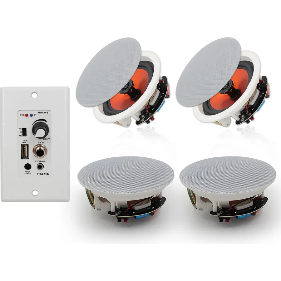 Herdio 6.5 Inch Bluetooth Ceiling Speakers 320W 2-Way Flush Mount in Wall Amplifier Receiver Suitable for Home Theater Bathroom Living Room Kitchen Office (White, Pair)