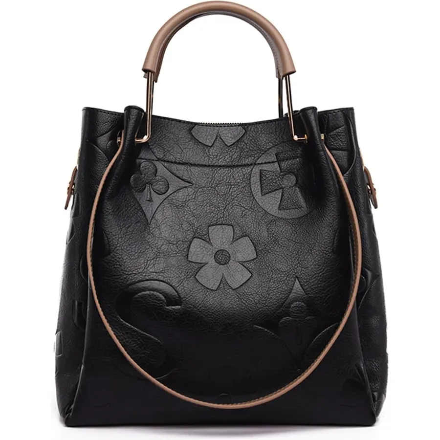 hibear Bucket Bag for Women,Floral Embossed Tote Bag Trendy Vintage Crossbody Bag Large Vegan Leather Hobo Shoulder Handbag