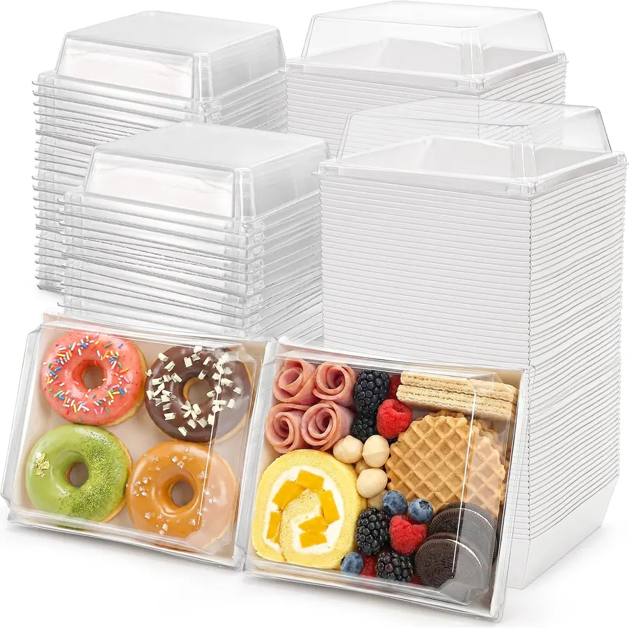 Hiceeden 100 Pcs Pink Paper Charcuterie Boxes with Clear Lids, 5.3"×5.1"×2.4" Cardboard Dessert Food Containers with Rope, Disposable Square Sandwich Box for Bakery, Donuts, Cookies, Strawberry, Salad