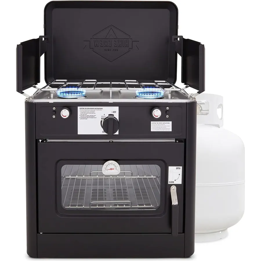 Hike Crew Outdoor Gas Camping Oven w/Carry Bag | CSA Approved Portable Propane-Powered 2-Burner Stove & Auto Ignition, Overheat Safety Shutoff, Built-In Thermometer Hose Regulator Included