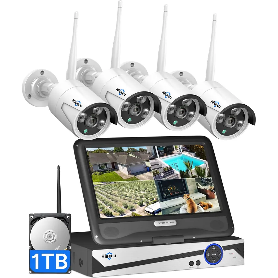 Hiseeu 5MP Security Cameras Wireless Outdoor, 10in LCD 4K Monitor,1TB HDD