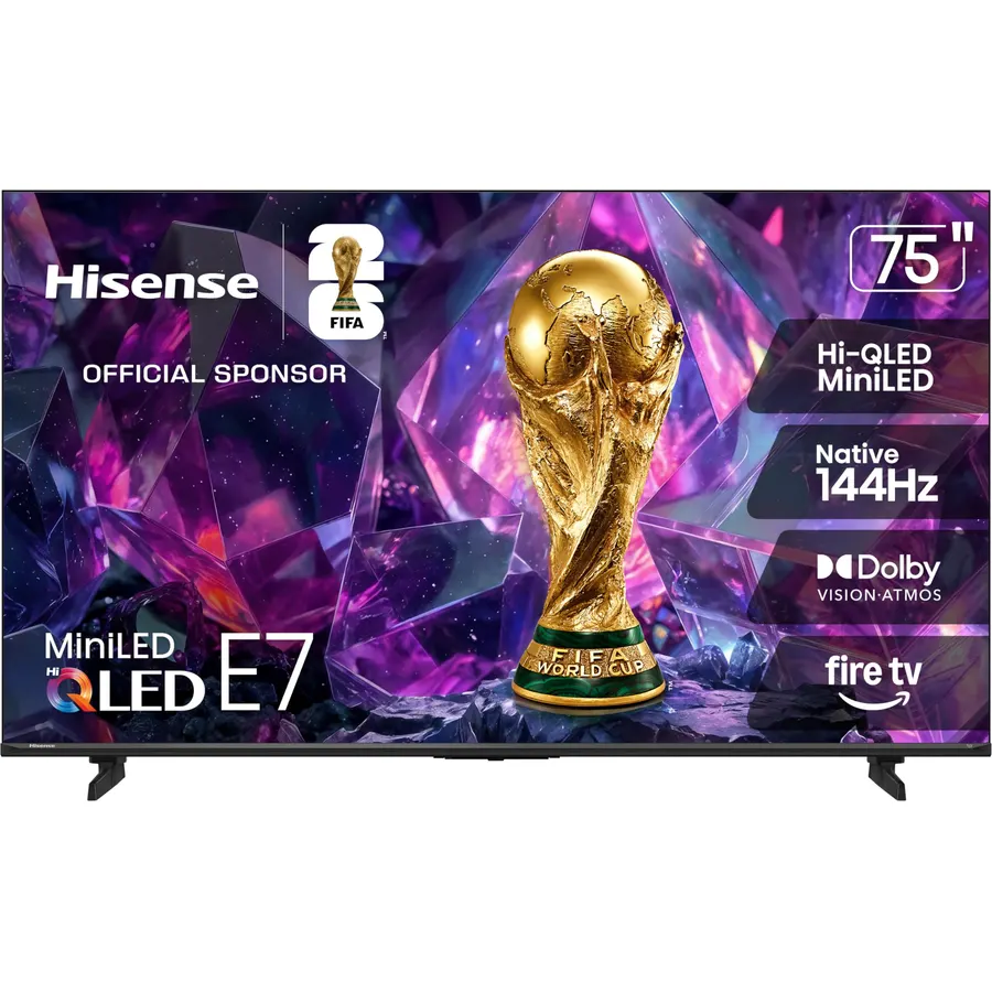 Hisense 75-Inch E7 Cinema Series Hi-QLED Mini-LED 4K UHD Smart Fire TV (75E7SF, 2026), Native 144Hz, Dolby Vision IQ, Atmos, FALD, HDR10+ Adaptive