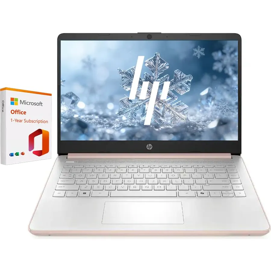 HP 14" Business & Student Laptop with 1-Year Office 365 & Copilot AI, 640GB Storage (128GB UFS+512GB PLUSERA Docking Set), 4GB RAM, Quad-Core Intel Processor, Windows 11 Home, Rose Gold