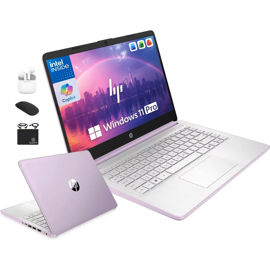 HP 14" Laptop Computer for 2026 Student Business Productivity, MS Office & Win 11 Pro, Copilot AI, Intel 4-Core CPU, 4GB DDR5 RAM, 628GB Storage (128GB UFS+500GB Ext), Wi-Fi 6, HubxcelAddon, Lavender