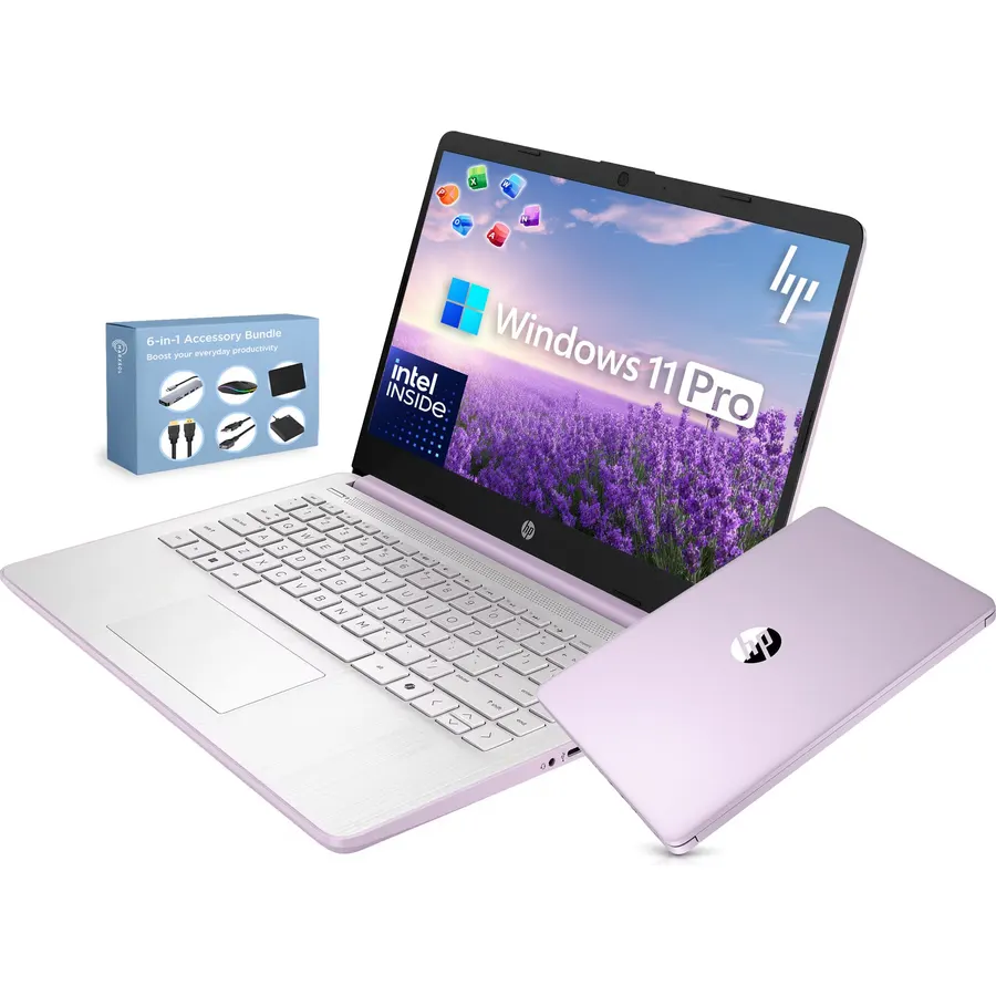 HP 14” Ultra Light Thin Laptop Computer 2026 Premium, MS Office, Copilot AI, 4-Core Intel CPU, 4GB DDR5 RAM, 628GB Storage (128GB UFS+500GB Ext), Long Battery, MarxsolAccessory, Win 11 Pro, Lavender