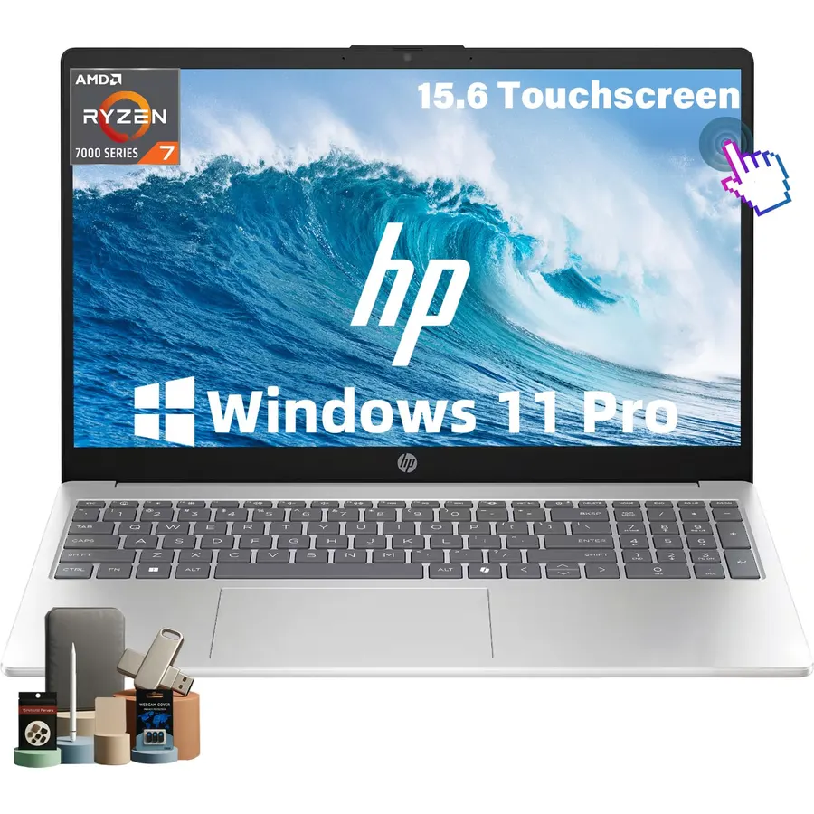 HP 15.6 FHD Touchscreen Laptop Computer, AMD Ryzen 7 7730U(8 Cores), 16GB RAM, 512GB SSD, 15.6 LED Anti-Glare, Wi-Fi 6, BT 5.4, Copilot Key, Free Office 365 for The Web, Windows 11 Pro, W/Accessories