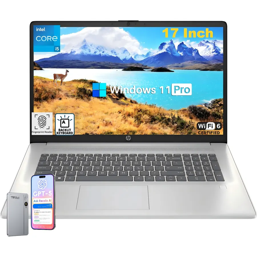 HP 17 Inch Business Laptop, Intel 10-Core i5-1334U(Up to 4.6 GHz), 17.3" HD+ Display, 16 GB RAM, 512 GB SSD, Backlit Keyboard, Fingerprint Reader, Wi-Fi 6, Windows 11 Pro, w/RECOLX AI Voice Recorder