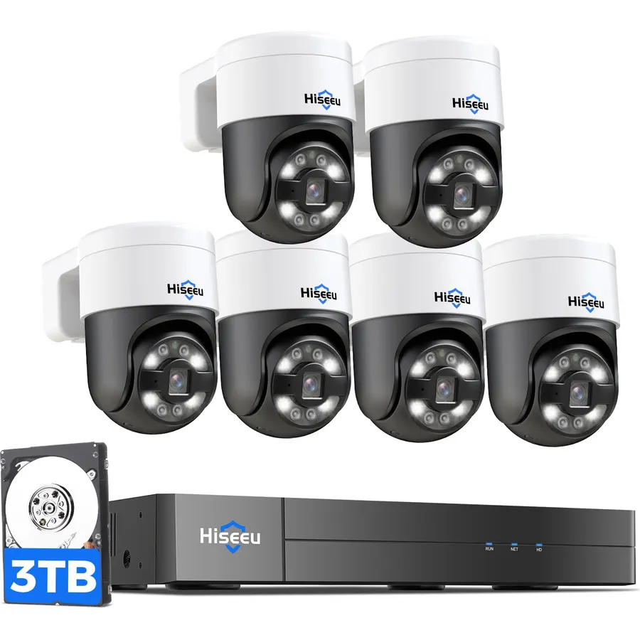 【360°View】 Hiseeu 4K PoE PTZ Security Camera System，6 Pcs Security Cameras