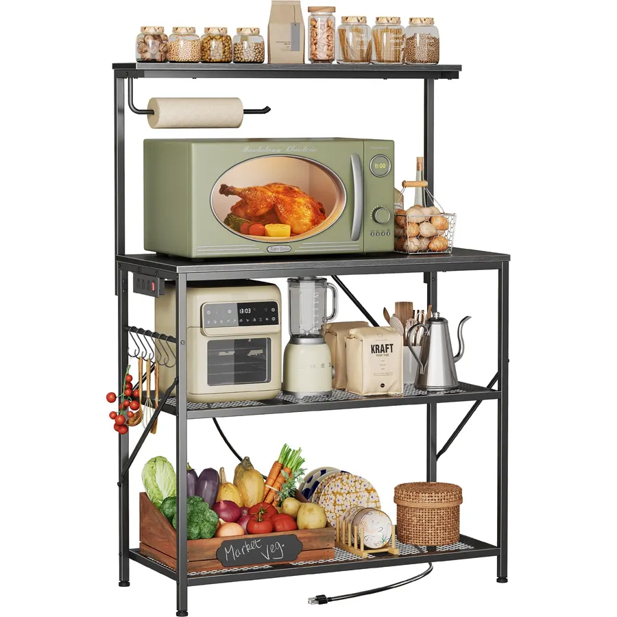 Huuger 4-Tier Bakers Rack with Reversible Power Outlet, 31.5 Inch Microwave Stand, Kitchen Coffee Bar, with Top Shelf, 6 S Hooks, Black