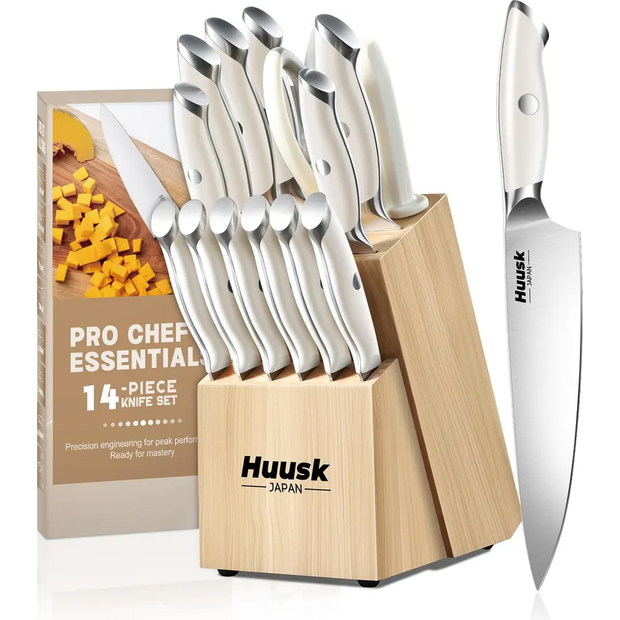 Huusk Knife Set with Block - Chef Knife with Natural Block Ivory White 14PC