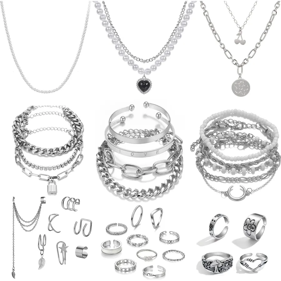 IFKM 36 PCS Silver Plated Jewelry Set with 3 PCS Necklace, 12 PCS Bracelet, 7 PCS Ear Cuffs Earring, 14 Pcs Knuckle Rings for Women Valentine Anniversary Birthday Friendship Gift