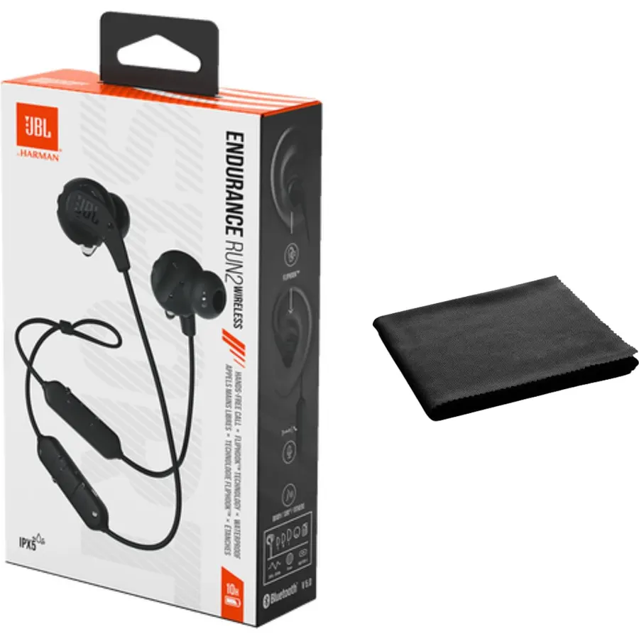 JBL Endurance Run 2 Wireless Bluetooth Earbuds – Sweatproof in-Ear Sport Headphones with Mic – Secure Fit, Long Battery Life, Black, Ideal for Running & Workout | Includes a Cleaning Cloth