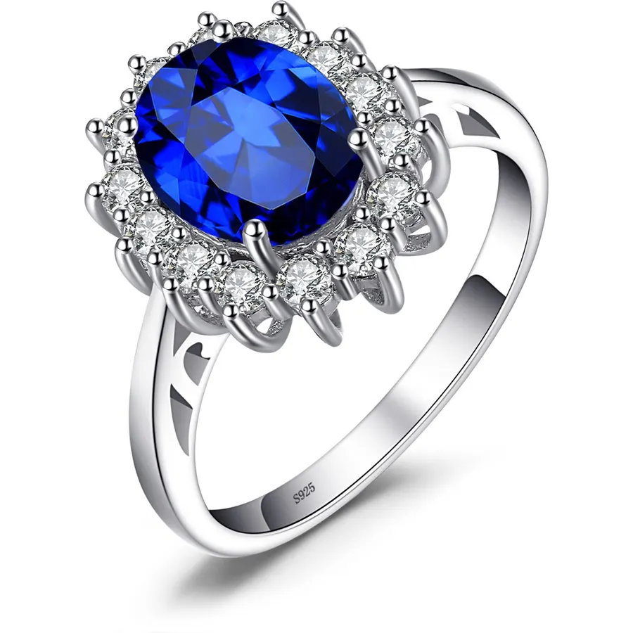 JewelryPalace Princess Diana Kate Middleton Class Gemstone Birthstone Sapphire Halo Engagement Rings for Women