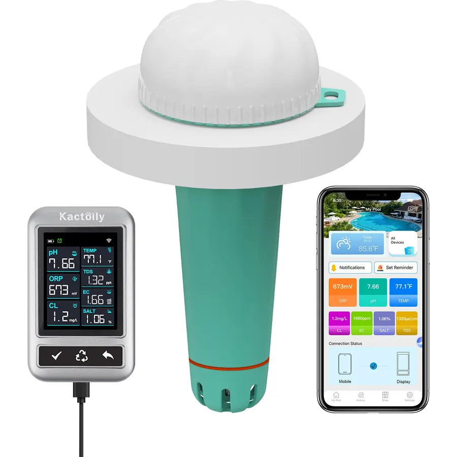 Kactoily Digital Pool Water Tester, Smart Pool Monitor with App Alerts