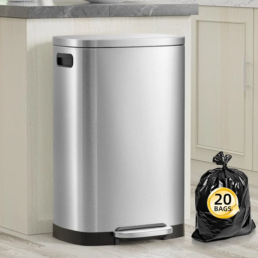 SONGMICS 20 Gallon (75 L) Trash Can, Stainless Steel, Step-On Pedal