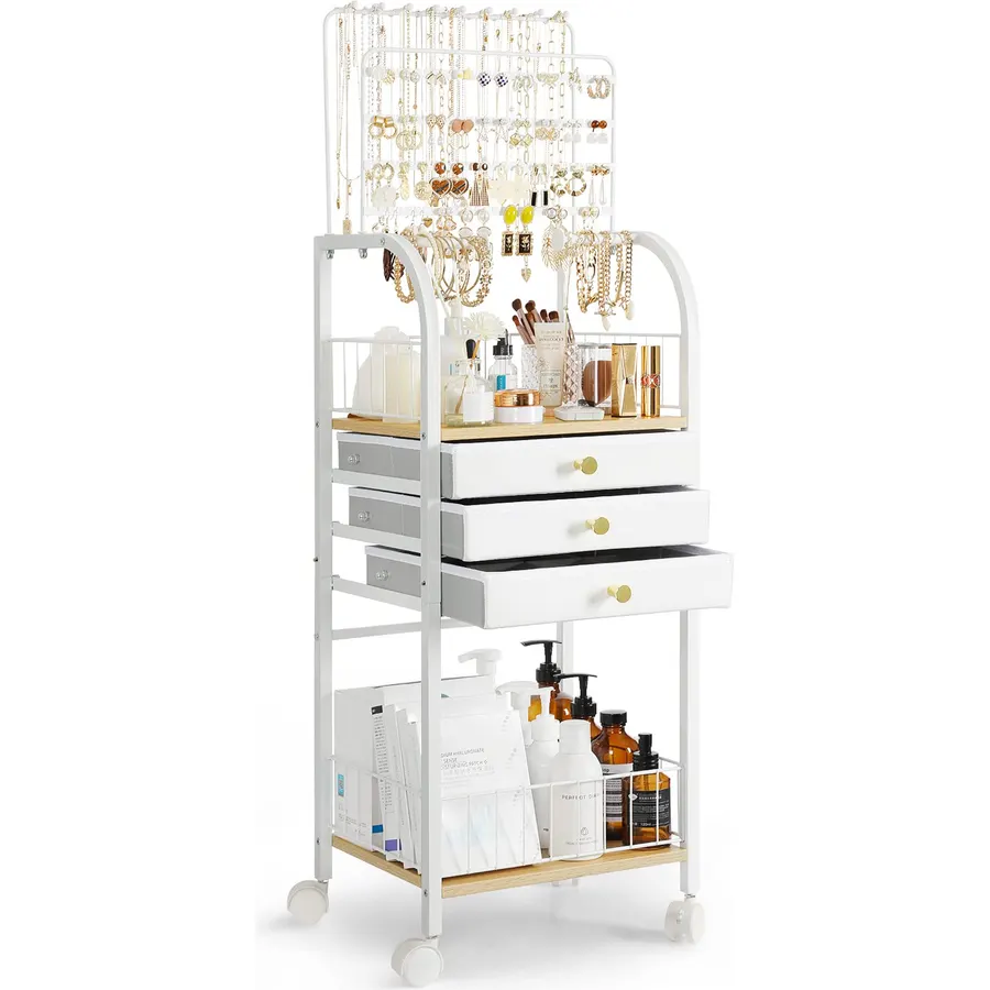 Keebofly Large Floor Jewelry Organizer Stand with 3 Drawers - White
