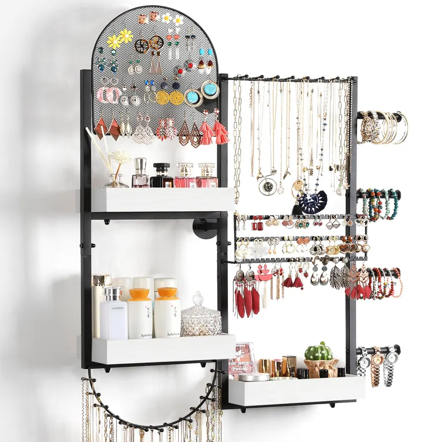 Keebofly Wall Mount Hanging Jewelry Organizer - Large Display Holder for Earrings, Rings, Necklaces, Bracelets, Watches and Perfume - White