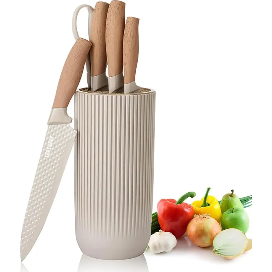 Kitchen Knife Set, Retrosohoo 6-Pieces Khaki Sharp Knife Block Sets for Kitchen, Non-stick Non-slip Stainless Steel Chef knives with Universal Block Suitable for Home Restaurant (Khaki)
