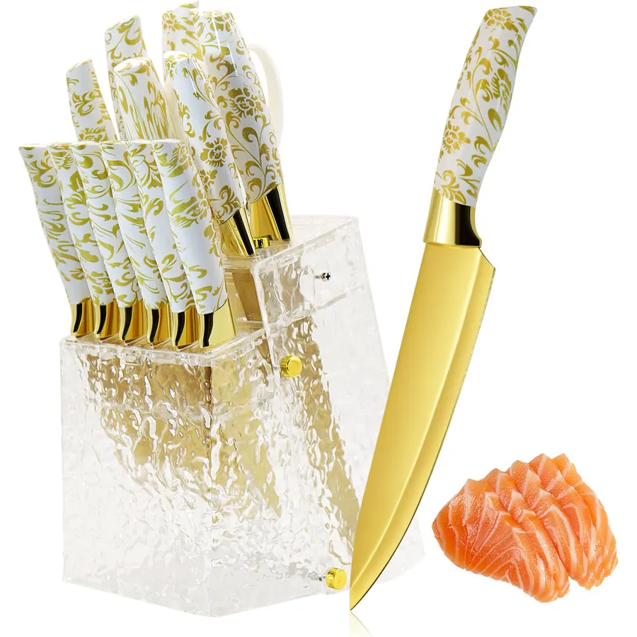 Knife Block Set, Gold Sharp Knives with Acrylic Block, Stainless Steel Kitchen Knife Set with Serrated Steak Knife, Chef Knife, Bread Knife, Scissors, Sharpener, 14Pcs Professional Knife Set for gift