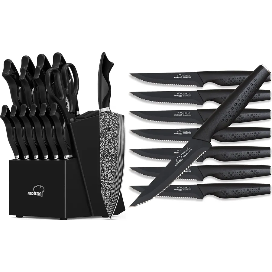 Amorston Steak Knives, Steak Knives Set of 8 and 15 Pieces Kitchen Knife Set with Built in Knife Sharpener