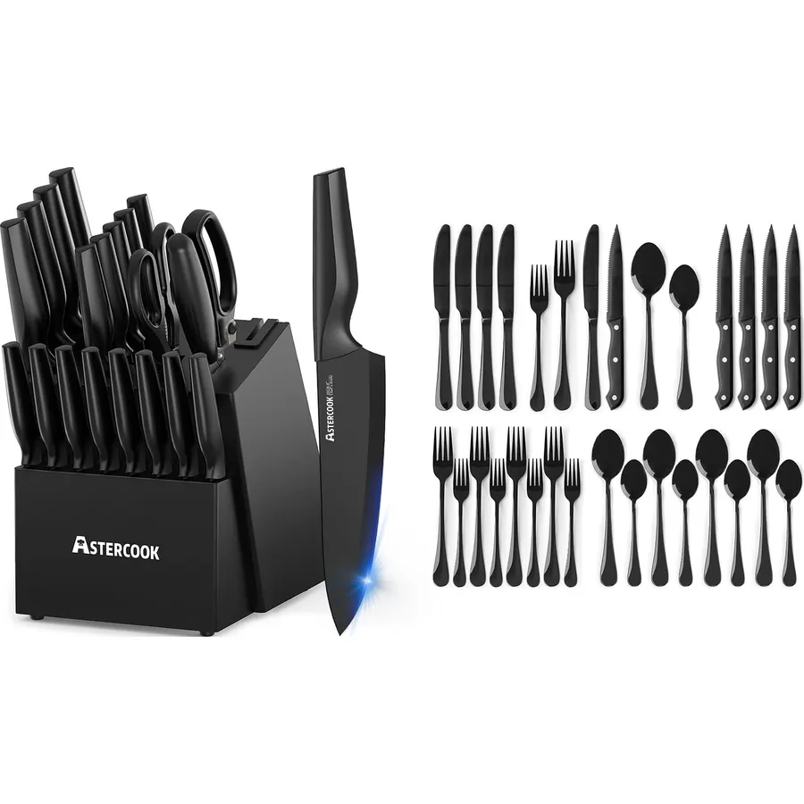 Astercook 24-Piece Black Silverware Set and 13-Piece Kitchen Knives Set