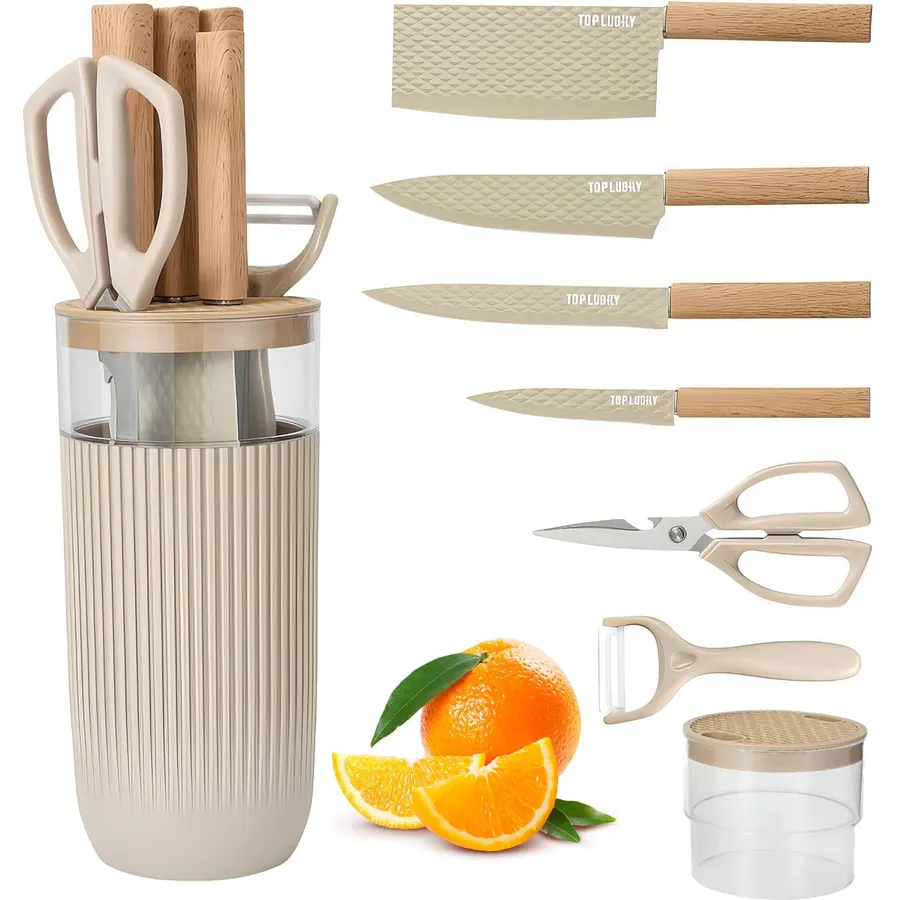 Knife Set, 7 Pieces Professional Kitchen Knife Set with Universal Knife Block, Super Sharp Knife Block Set with Ergonomic Handle Non-stick Stainless Steel Knife Block Set (Beige)