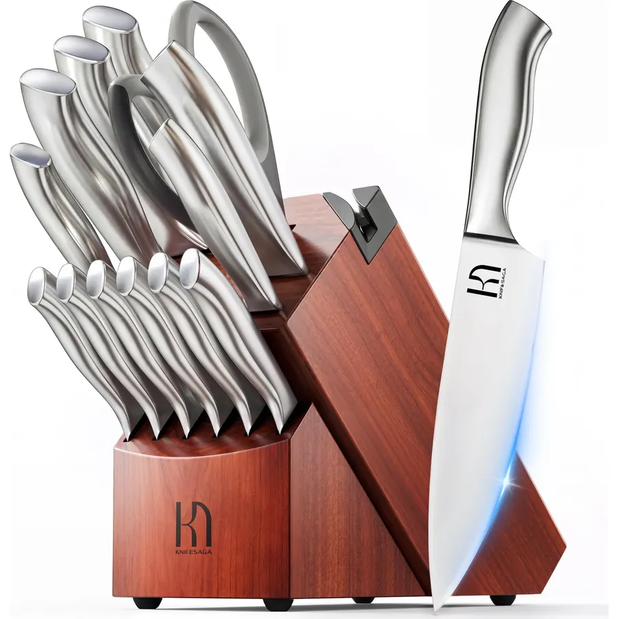 Knife Set, 14 Pcs Kitchen Knife Block Set, Enduring Razor-Sharp German High Carbon Stainless Steel Chef Knife Set with Block and Sharpener, Premium Knives Professional Set for Kitchen-Red