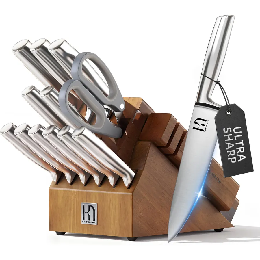 KnifeSaga 14-Piece Knife Set with Block and Detachable 2-Stage Sharpener