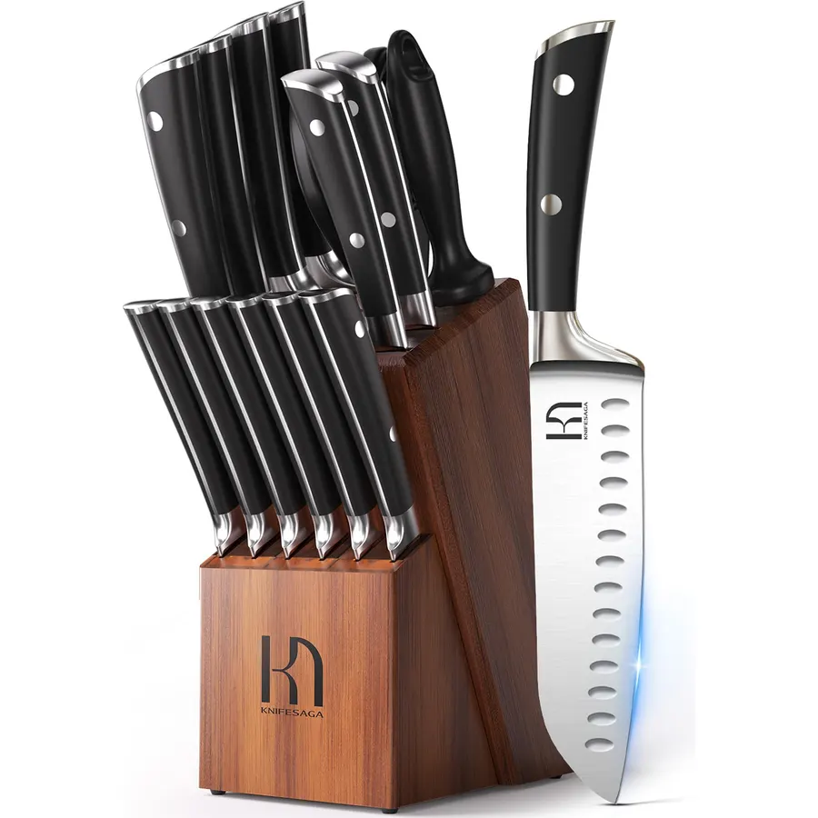 KnifeSaga 15 Pcs Japanese Knife Set with Sharpener, Razor Sharp, Premuim