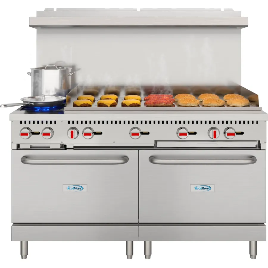KoolMore 60 in. Double Oven Commercial Cooking Range with 48 in. Griddle and 2 Burners, ETL Listed in Stainless-Steel (KM-CRG482-NG)
